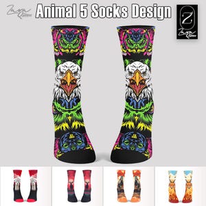 May include: Pair of black socks with a vibrant animal design. The socks feature an eagle, owl, and skull graphic in neon colors. The text "Animal 5 Socks Design" is at the top.
