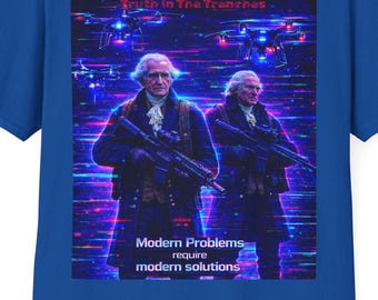 Tactical Forefathers With Drones - Modern Problems | Neon Soldiers Glitch T-Shirt | Vaporwave Military Illustration