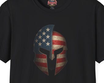 American Flag Spartan Helmet T-Shirt | USA Warrior Patriotic Tee