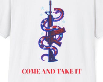Come And Take It Red White & Blue American Flag Snake entwined on Rifle T-Shirt