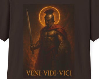Veni Vidi Vici Latin | Spartan Warrior T-Shirt | Helmet Sword Poster Style