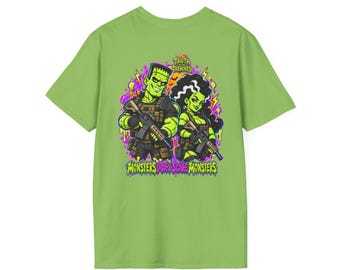 Monsters Dont Scare Monsters T-Shirt | Tactical Frankenstein Couple | Halloween Monster Graphic Tee | Spooky Gun Lover Shirt | Halloween