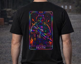 Death Tarot Card | Neon Tactical Grim Reaper T-Shirt | Truth in the Trenches | Card V (5) | Back Print