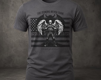 Tactical Skull Angel with Demon Shadow T-Shirt | American Flag Backdrop | Addiction & Recovery | PTSD | Military Veterans