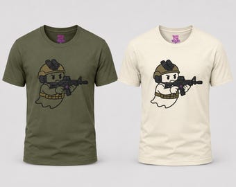 See Through Tactical Ghost Soldier T-Shirt | Cartoon Ghost Soldier with Rifle & Night Vision