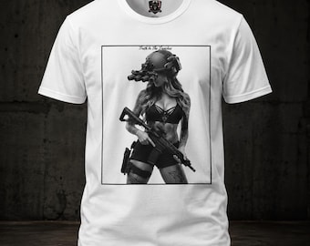 Camiseta "She Sees You First Gun Bunny Pin Up" / Camiseta táctica de chica con visión nocturna / Camiseta pin-up de rifle con visión nocturna de cuatro tubos / Camiseta gráfica de estilo militar