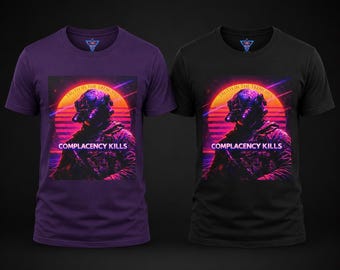 Camiseta "La complacencia mata" / Soldado Vaporwave Táctico Neón