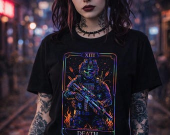 Neon Tactical Skull Death Tarot Card T-Shirt | Neon Skull Illustration