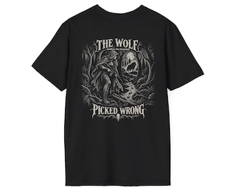 The Wolf Picked Wrong T-Shirt | Armed Little Red Riding Hood Tee | Dark Fairy Tale Hunter Graphic | Gothic Folklore Shirt