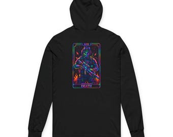 Neon Tactical Skull Tarot Death Card Hoodie | Occult Gothic Illustration