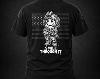 Smile Through It - Tactical Soldier Cartoon Illustration With Night Vision T-Shirt | American Flag Backdrop | NVG