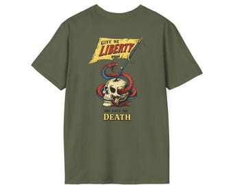 Give Me Liberty Or Give Me Death Skull and Snake T-Shirt | Patriotic Vintage Flag Design | Back Print