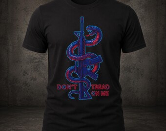 Don't Tread On Me snake wrapped around rifle T-Shirt | Neon Tactical Patriotic Gadsden style