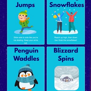 May include: Four blue rectangular cards with winter-themed illustrations and text. The cards feature an ice skater, people catching snowflakes, a penguin waddling, and a snowy scene with a house. Text includes instructions for each activity.