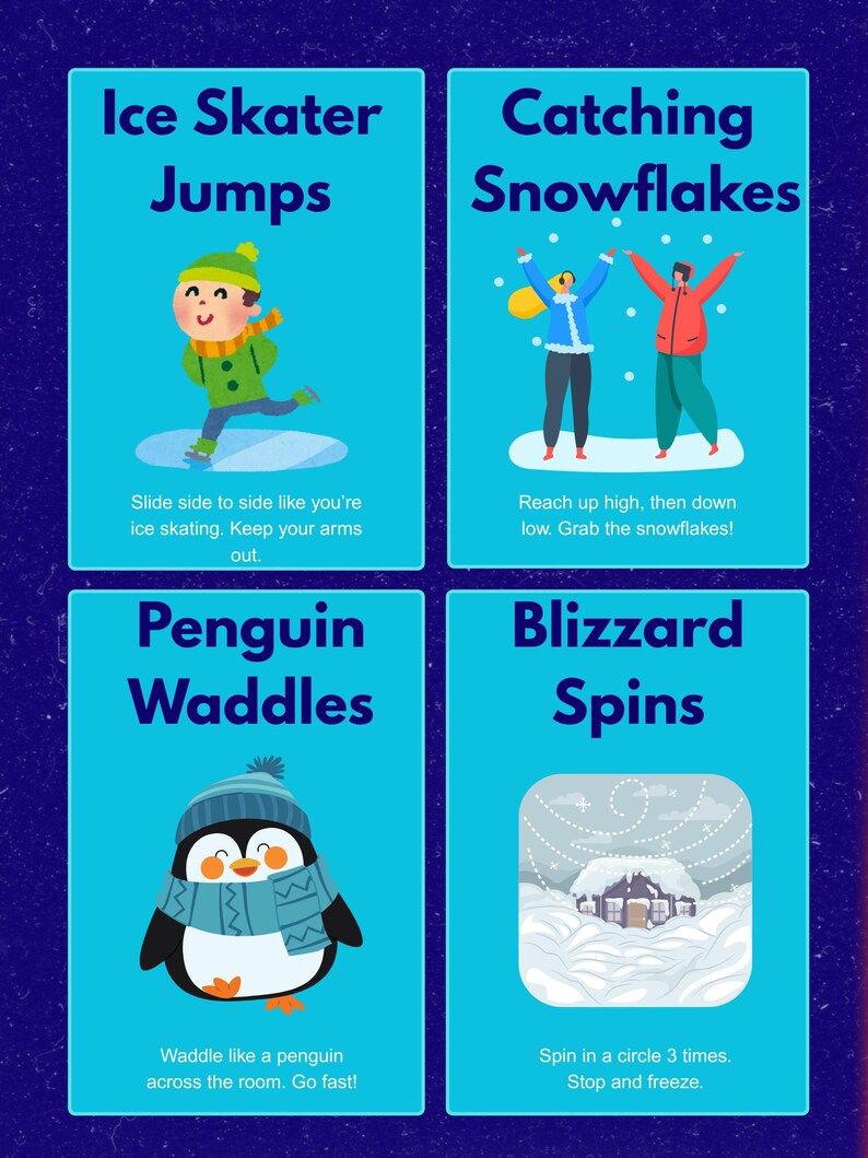 May include: Four blue rectangular cards with winter-themed illustrations and text. The cards feature an ice skater, people catching snowflakes, a penguin waddling, and a snowy scene with a house. Text includes instructions for each activity.