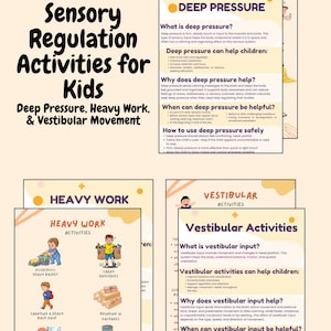 Puede incluir: Un colorido póster educativo titulado "Actividades de Regulación Sensorial para Niños". El póster detalla actividades de presión profunda, trabajo pesado y movimiento vestibular. Las ilustraciones muestran a los niños realizando diversas actividades, como llevar la compra y limpiar ventanas.