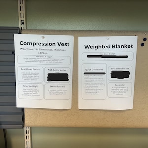 May include: Two white informational posters pinned to a board. The left poster is titled Compression Vest and outlines usage guidelines, including wear time and safety tips. The right poster is titled Weighted Blanket and provides instructions on how it helps, quick guidelines, and usage reminders for students.
