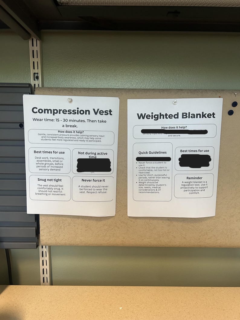 May include: Two white informational posters pinned to a board. The left poster is titled Compression Vest and outlines usage guidelines, including wear time and safety tips. The right poster is titled Weighted Blanket and provides instructions on how it helps, quick guidelines, and usage reminders for students.