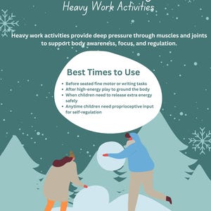 May include: A poster with the title "Snow Strong Heavy Work Activities" and illustrations of figures playing in the snow. The text explains the benefits of heavy work activities for children, such as improved focus and regulation.