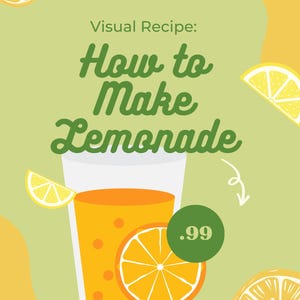 Könnte beinhalten: Ein visuelles Rezept für Limonade, mit einem Glas orangefarbener Flüssigkeit, einer Zitronenscheibe und einer halben Orange. Der Text "How to Make Lemonade" ist grün, mit hellgrünem Hintergrund und gelben Akzenten.