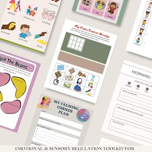 May include: A collection of printable worksheets and visual aids for children, designed for emotional and sensory regulation. The pages feature illustrations and prompts for activities like identifying feelings, creating a calming corner, and coping strategies. The bottom of the image has the text "DOWNLOAD".