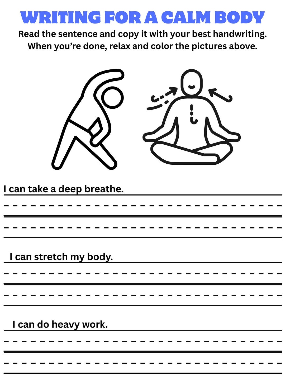 Calm Body Writing Worksheets for Kids | Occupational Therapy ...