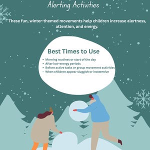 May include: A teal poster with the text "Winter Wake-Up Alerting Activities." It features illustrations of people playing in the snow. The text describes winter-themed movements to increase alertness and energy. The poster lists the best times to use these activities.