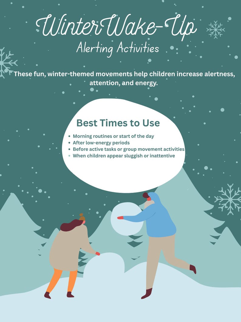 May include: A teal poster with the text "Winter Wake-Up Alerting Activities." It features illustrations of people playing in the snow. The text describes winter-themed movements to increase alertness and energy. The poster lists the best times to use these activities.