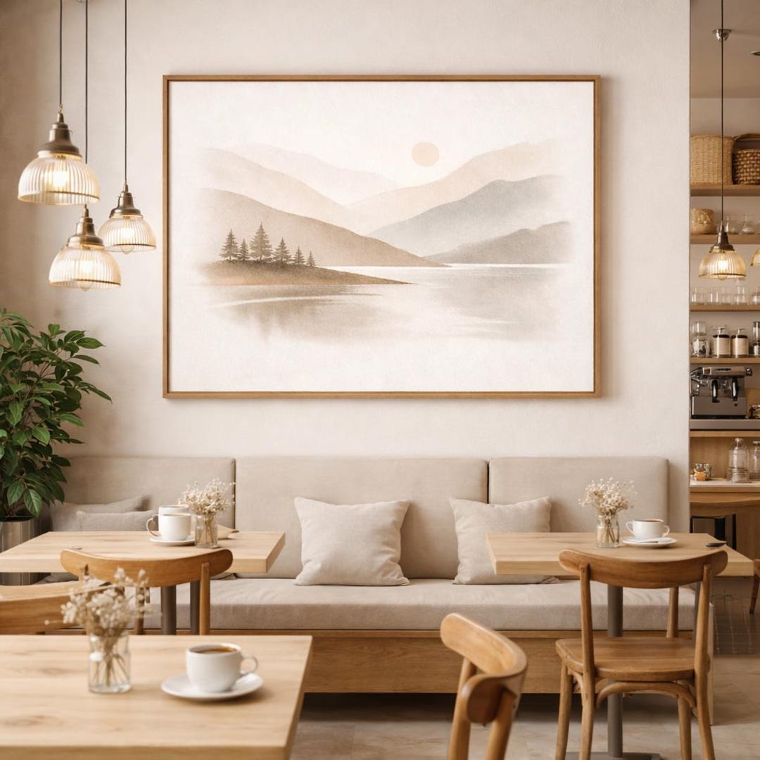 Minimalist Neutral Landscape Wall Art, Beige Mountain Lake Print ...