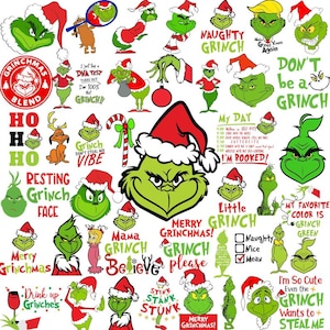 Könnte beinhalten: Eine Sammlung von Illustrationen der grünen Grinch-Figur, einschließlich verschiedener Posen, Gesichtsausdrücke und festlicher Texte wie Naughty Grinch, Resting Grinch Face, Merry Grinchmas und I'm Booked, mit roten Weihnachtsmützen und Akzenten.