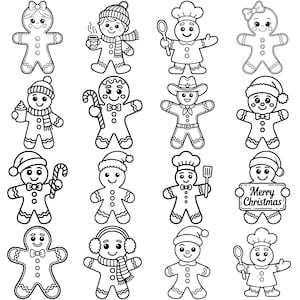 May include: A collection of black and white gingerbread man illustrations. Some are wearing hats, scarves, and holding items like a spoon, candy cane, or a sign that says "Merry Christmas".