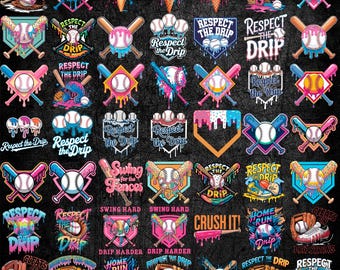 May include: A collection of baseball-themed graphic designs with the text "Respect the Drip," "Swing for the Fences," and "Crush It!" Designs include baseballs, bats, gloves, and ice cream cones, in vibrant colors like pink, blue, and yellow. The designs are set against a black background.