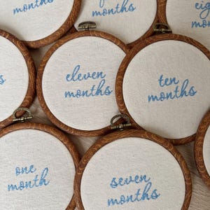 Pode incluir: Uma coleção de bordados em bastidores com tecido de cor clara e molduras de madeira. Cada bastidor apresenta as palavras "três meses", "cinco meses", "onze meses", "dez meses", "um mês" e "sete meses" em escrita azul.