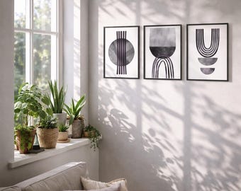 Set of 3 Modern Abstract Prints, Minimalist Black Grey Geometric Wall Art (Digital Download)