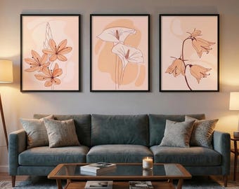 Boho Floral Line Art Prints, Neutral Botanical Set, Modern Living Room Decor (Digital Download)