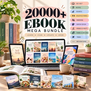 May include: A digital product advertisement featuring the text 20000+ EBOOK MEGA BUNDLE. The image displays a laptop, two tablets, and several books with covers labeled Mindset, Healthy Food, Digital Marketing, DIY Crafts, and Travel Destinations.