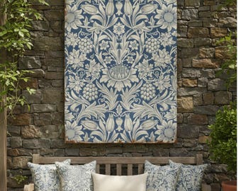 Vintage Botanical Tapestry Wall Art With Blue Floral Pattern(Digital Download)
