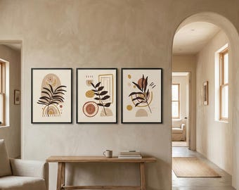 Boho Sun Leaf Abstract Art Prints, Earthy Chic Gallery Wall Set (Digital Download)