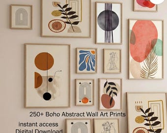 Boho Abstract Wall Art Prints, Botanical Geometric Gallery Set (Digital Download)