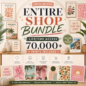 Op de afbeelding: Een advertentie voor een shopbundel met diverse kunstdrukken. De afbeelding toont ingelijste prints met botanische, abstracte en reisthema's. Tekst bevat "Hele winkelbundel", "Levenslange toegang" en "70.000+ prints inbegrepen."