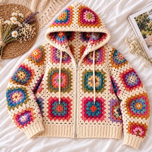 May include: A zip-up hoodie constructed from cream-coloured yarn featuring a multi-coloured granny square pattern. The garment includes a hood with matching cream drawstrings, long sleeves, and ribbed cuffs and hem in a solid cream yarn colour.