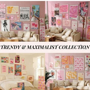 Peut inclure: Une collection d'impressions d'art encadrées de différentes tailles et styles, exposées sur des murs roses au-dessus de canapés beiges. Les impressions présentent un mélange de motifs abstraits, floraux et de texte, dont "CHERRY ON TOP".