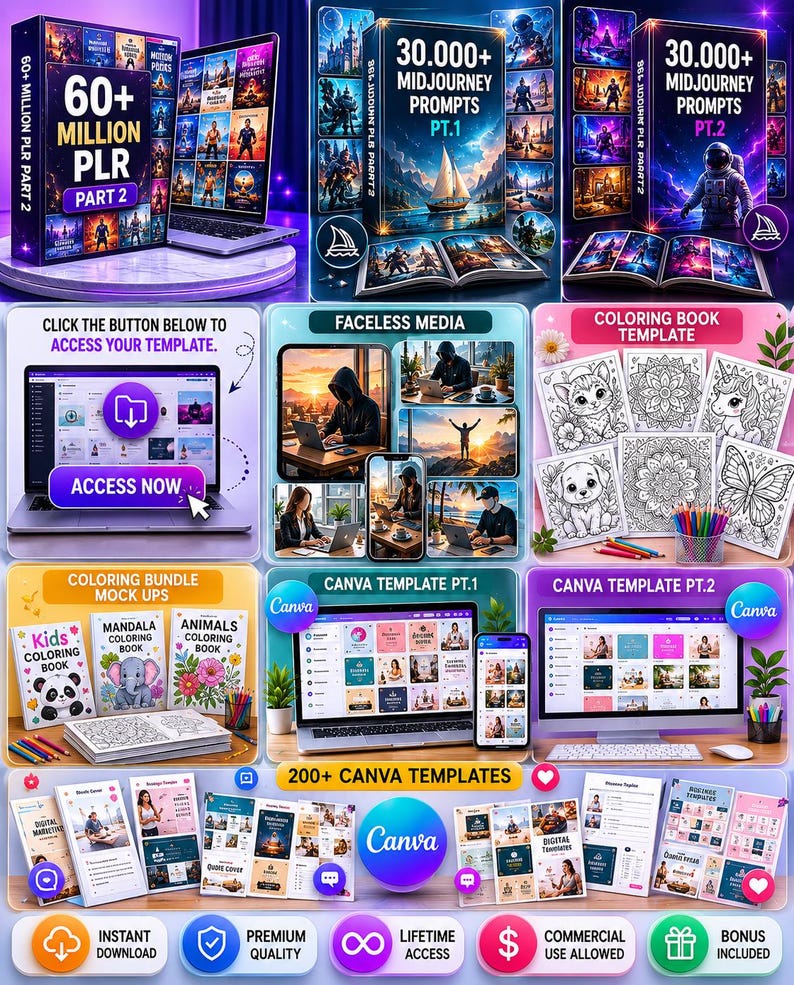 May include: A digital product bundle featuring 60 million PLR assets, 30,000 Midjourney prompts, Canva templates, and coloring book pages. The display includes laptops, tablets, and printed mockups with text labels like Access Now, Faceless Media, and Canva Template.