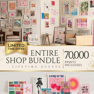Puede incluir: Una colección de impresiones artísticas enmarcadas en varios tamaños y estilos, exhibidas en una pared. Las impresiones presentan una variedad de temas, incluyendo diseños abstractos, ilustraciones y arte basado en texto. La paleta de colores es predominantemente rosa y blanco. El texto en la imagen dice "ENTIRE SHOP BUNDLE" y "70,000 PRINTS INCLUDED".