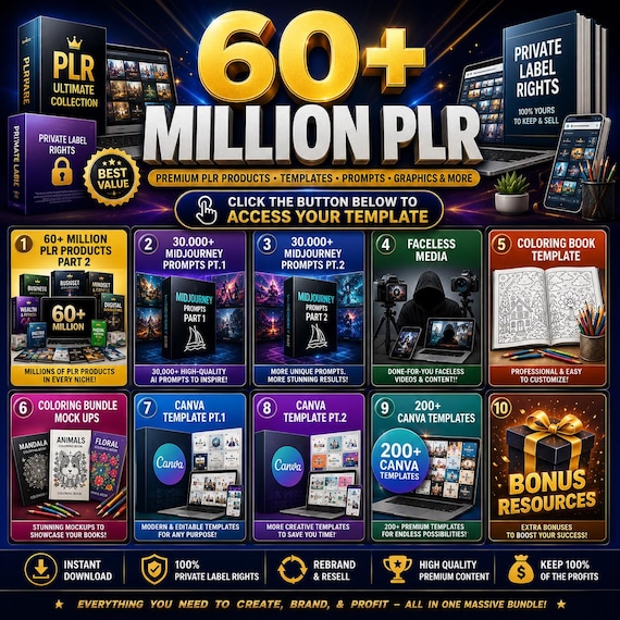 60+ Million PLR Products Bundle | Canva Templates, MidJourney Prompts & Faceless Content