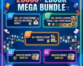 20,000+ eBooks Mega Bundle, PLR, Recipes, Graphic Design (Digital Download)