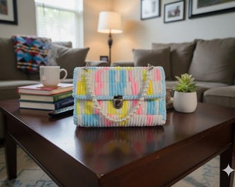 Handmade Plush Pastel Clutch Purse, Soft Chenille Mini Handbag, Pearl Handle Bag, Cute Kawaii Shoulder Bag, Gift for Her