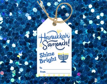 Etiquetas de regalo imprimibles de Hanukkah / Hoja de 10 etiquetas DIY / Etiquetas de cartulina del Festival de las Luces / Descarga instantánea de recuerdos festivos