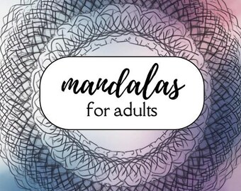 May include: A mandala coloring book for adults with a detailed, circular design in shades of gray and white. The text "mandala for adults" is in a white oval, with "32 pages" at the bottom. The background has a watercolor effect.