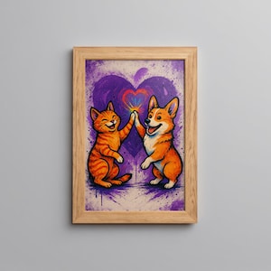 May include: A framed print featuring a cartoon cat and dog giving each other a high-five. The cat is orange with black stripes, and the dog is orange and white. A purple heart shape is in the background. The frame is made of light-colored wood.
